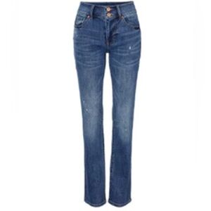 Cabi Cinch High Rise Straight Distressed Blue Shine Jeans 8 New